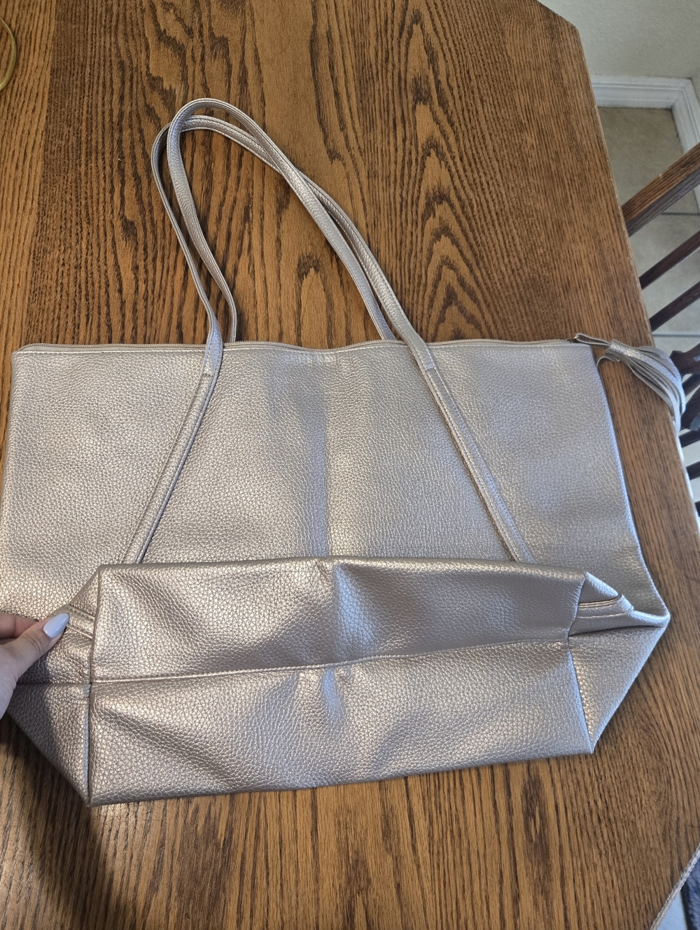 Metallic Beige Tote Bag with Dual Shoulder Straps